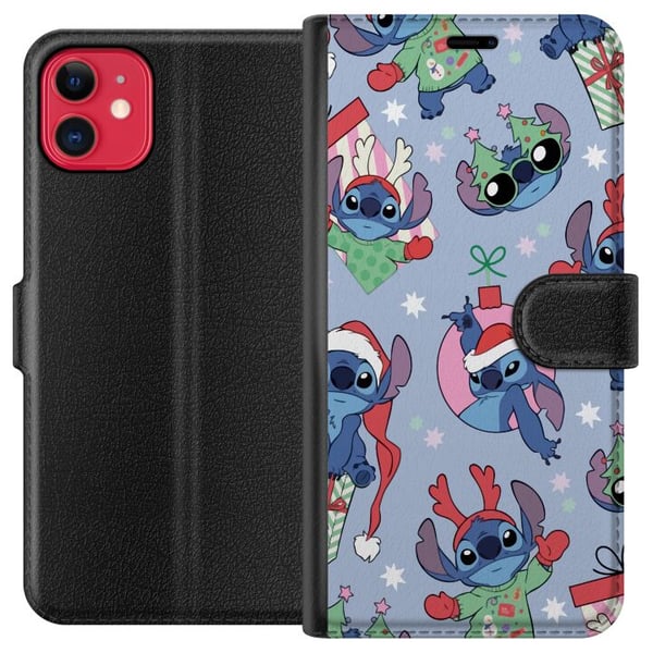 Kompatibelt Plånboksfodral till Apple iPhone 11 Disney Stitch Christmas pattern – söt Stitch juldesign med tomteluvor, renhorn och blå bakgrund