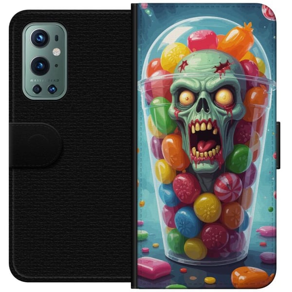 Kompatibel Tegnebogsetui til OnePlus 9 Pro Zombie plakat slikbæger horror kunst slik kranie skræmmende farverig halloween uhyggelig design