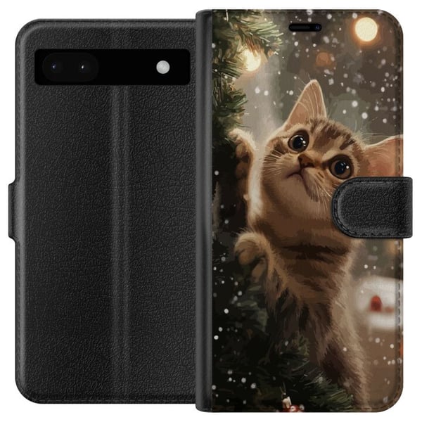 Yhteensopiva Lompakkokotelo Google Pixel 6a Joulukuuseen kiipeävä kissa lumisateessa, kodikas talvidesign täydellinen kissa- ja joulun ystäville