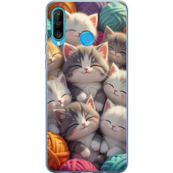 Kompatibelt Mobilskal till Huawei P30 lite Sovande kattungar ihopkurade bland färgglada garnnystan i mjuk illustration