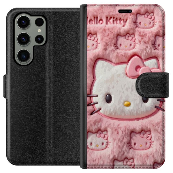 Kompatibel Tegnebogsetui til Samsung Galaxy S23 Ultra Hello Kitty-inspireret pink fluffy design med et ikonisk katteansigt i kawaii-stil