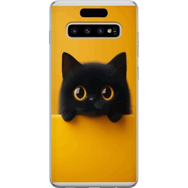 Kompatibelt Mobilskal till Samsung Galaxy S10+ Svart katt som kikar upp över kant – ren och trendig illustration med lekfullt uttryck och stora ögon
