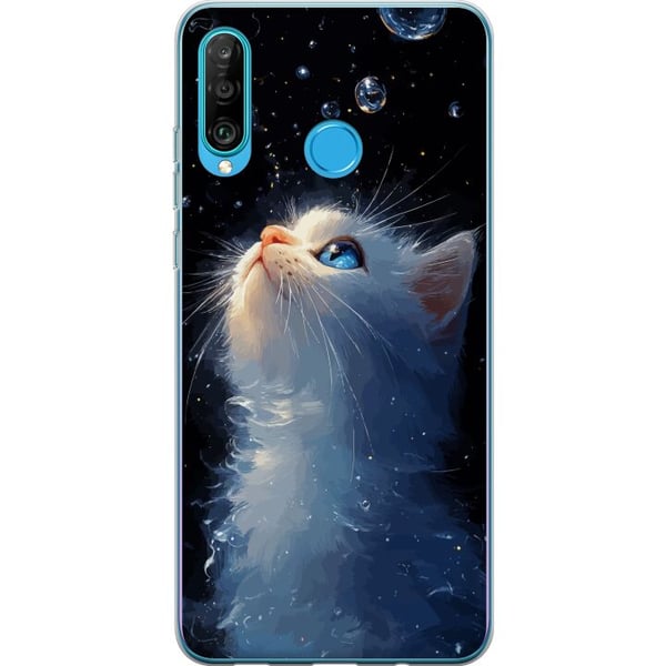 Kompatibel Mobilcover til Huawei P30 lite Drømmende stjernekatt med en hvid kat, der kigger mod stjernerne, et drømmende og magisk motiv for katteels