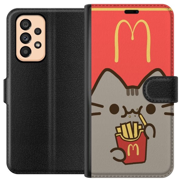 Kompatibel Tegnebogsetui til Samsung Galaxy A53 5G Sød Pusheen-lignende kat med pommes frites i McDonald’s-stil – humoristisk og charmerende motiv.