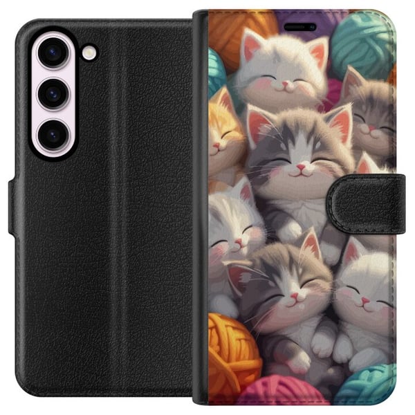 Yhteensopiva Lompakkokotelo Samsung Galaxy S23 Nukkuvia kissanpentuja kerällä värikkäiden lankakerien keskellä pehmeässä kuvituksessa