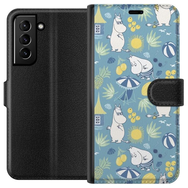 Kompatibelt Lommeboketui til Samsung Galaxy S21+ 5G Strandtema med frukter, parasoller, sommerhus og glade figurer i et fargerikt mønster fylt med le Kompatibelt Lommeboketui til Samsung Galaxy S21+ 5G Strandtema med frukter, parasoller, sommerhus og glade figurer i et fargerikt mønster fylt med le