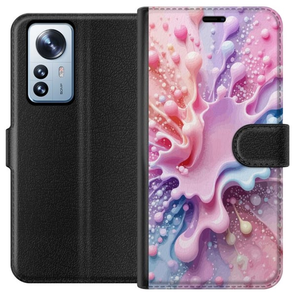 Kompatibel Tegnebogsetui til Xiaomi 12 Pro Pastel-splashdesign – Abstrakt kunst i rosa, blåt og lilla farvemønster