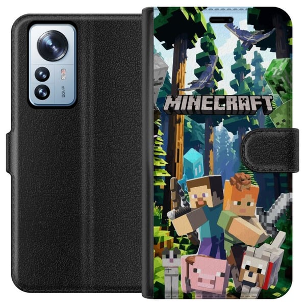Kompatibel Tegnebogsetui til Xiaomi 12 Pro Minecraft mobiltelefon dækning med skov og pixel karakterer