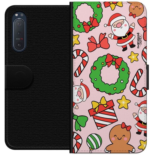 Kompatibelt Plånboksfodral till Sony Xperia 5 II Färgglatt julmönster med tomtar godis kransar paket och roliga detaljer perfekt för säsongens lekful
