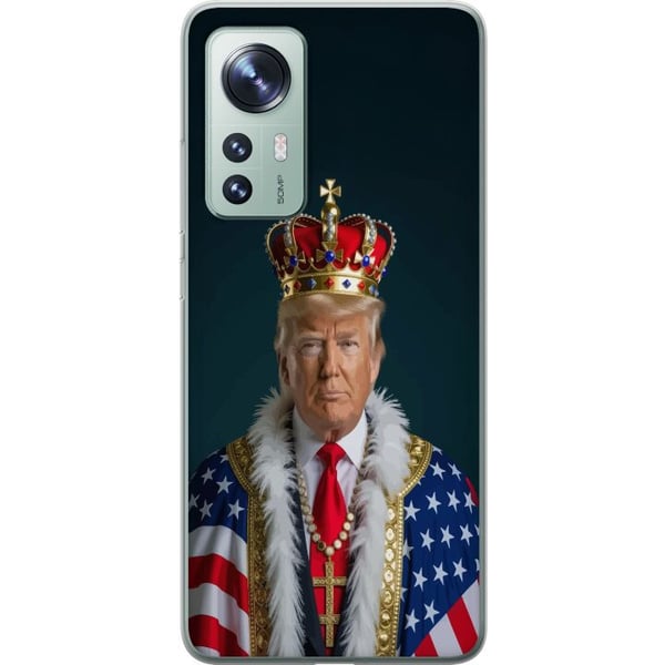 Yhteensopiva Puhelinkuori Xiaomi 12 Muotokuva Donald Trumpista kuninkaaksi pukeutuneena, kruunu päässään ja Yhdysvaltain lipulla koristeltu viitta yl