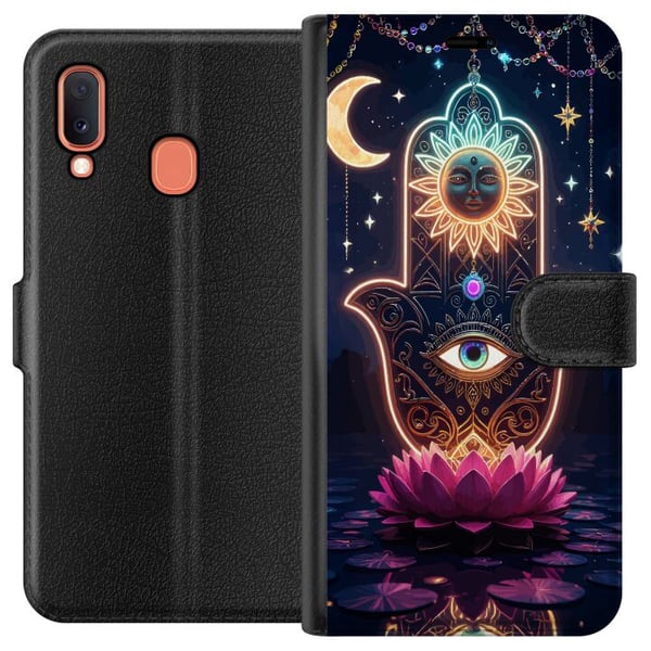 Kompatibelt Plånboksfodral till Samsung Galaxy A20e Symbolisk handillustration med öga, blomma och ljus Kompatibelt Plånboksfodral till Samsung Galaxy A20e Symbolisk handillustration med öga, blomma och ljus