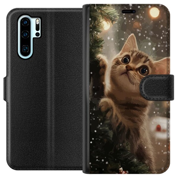 Yhteensopiva Lompakkokotelo Huawei P30 Pro Joulukuuseen kiipeävä kissa lumisateessa, kodikas talvidesign täydellinen kissa- ja joulun ystäville