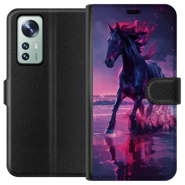 Yhteensopiva Lompakkokotelo Xiaomi 12 Elegantti musta hevonen juoksee veden läpi violetissa ja vaaleanpunaisessa valossa maagisessa tunnelmassa