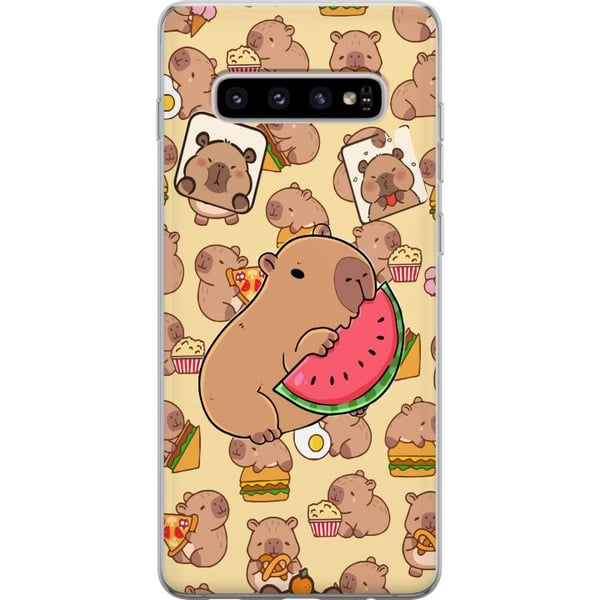 Kompatibelt Mobilskal till Samsung Galaxy S10+ Capybara Snack Tid Söta capybaror njuter av vattenmelon pizza och popcorn i en varm och lekfull design