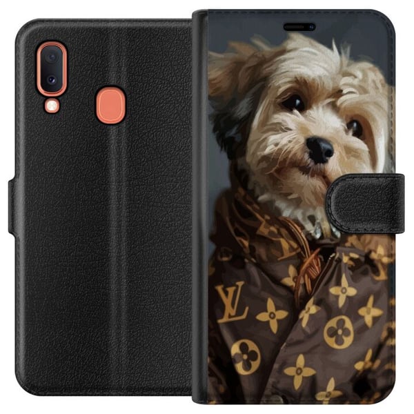 Yhteensopiva Lompakkokotelo Samsung Galaxy A20e Pieni koira ylellisyystakissa, tyylikäs ja hauska design muodin ystäville ja tyylikkäille koiranomist