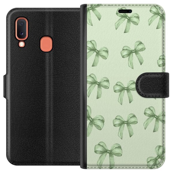 Kompatibelt Plånboksfodral till Samsung Galaxy A20e Gröna rosetter mönster sött pastell bow pattern seamless gift ribbon estetiskt bakgrund motiv pos Kompatibelt Plånboksfodral till Samsung Galaxy A20e Gröna rosetter mönster sött pastell bow pattern seamless gift ribbon estetiskt bakgrund motiv pos