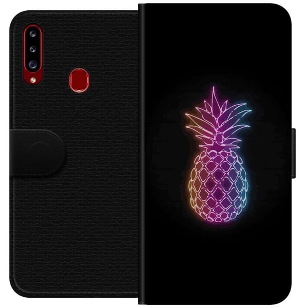 Kompatibelt Plånboksfodral till Samsung Galaxy A20s Neonillustration av ananas i färgglatt ljus mot svart bakgrund i lekfull design