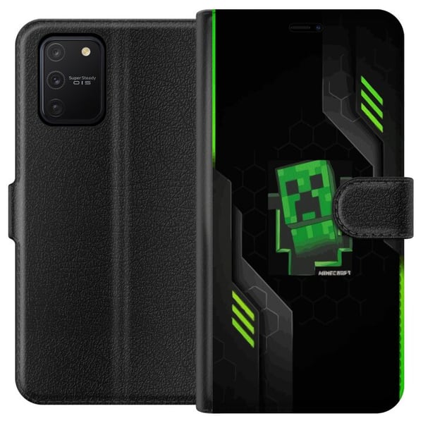 Kompatibelt Lommeboketui til Samsung Galaxy S10 Lite Grønn pikselbasert, creeperlignende spillillustrasjon i futuristisk neonstil for gamingrom Kompatibelt Lommeboketui til Samsung Galaxy S10 Lite Grønn pikselbasert, creeperlignende spillillustrasjon i futuristisk neonstil for gamingrom