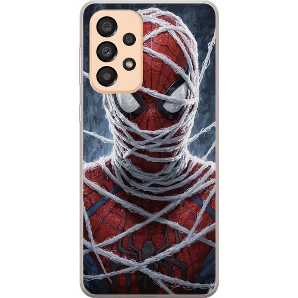 Yhteensopiva Puhelinkuori Samsung Galaxy A33 5G Spider-Man tiheiden verkkokerrosten peittämänä dramaattisessa lähikuvassa, joka korostaa maskin raken