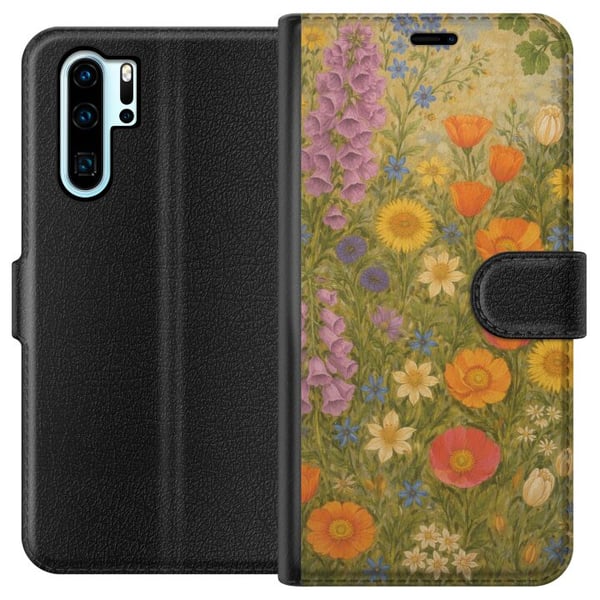 Yhteensopiva Lompakkokotelo Huawei P30 Pro Niitty täydessä kukassa villeine väreineen ja nostalgisine tunnelmineen