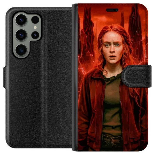 Kompatibel Tegnebogsetui til Samsung Galaxy S23 Ultra Portræt af ung kvinde med rødt hår i apokalyptisk landskab med røde lyn Kompatibel Tegnebogsetui til Samsung Galaxy S23 Ultra Portræt af ung kvinde med rødt hår i apokalyptisk landskab med røde lyn