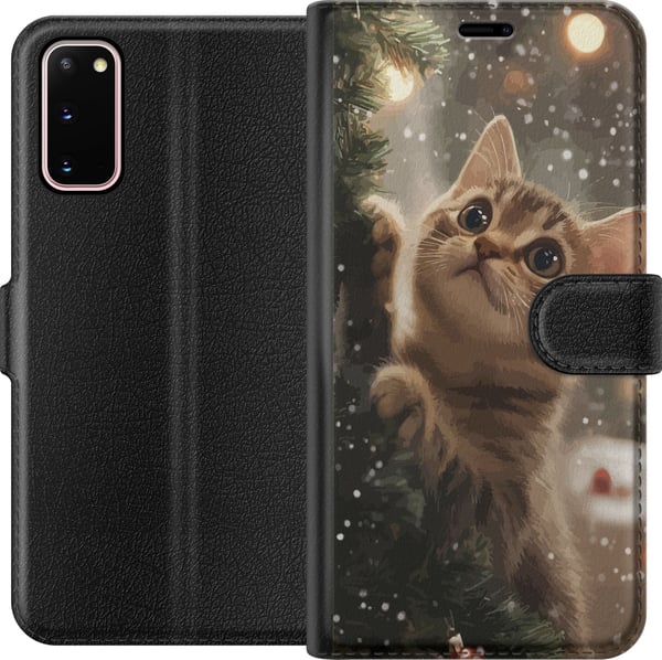 Yhteensopiva Lompakkokotelo Samsung Galaxy S20 Joulukuuseen kiipeävä kissa lumisateessa, kodikas talvidesign täydellinen kissa- ja joulun ystäville