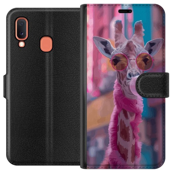 Kompatibelt Plånboksfodral till Samsung Galaxy A20e Giraff med bubbelgum rolig färgstark design i stadsmiljö popkonststil med lekfull energi humor oc