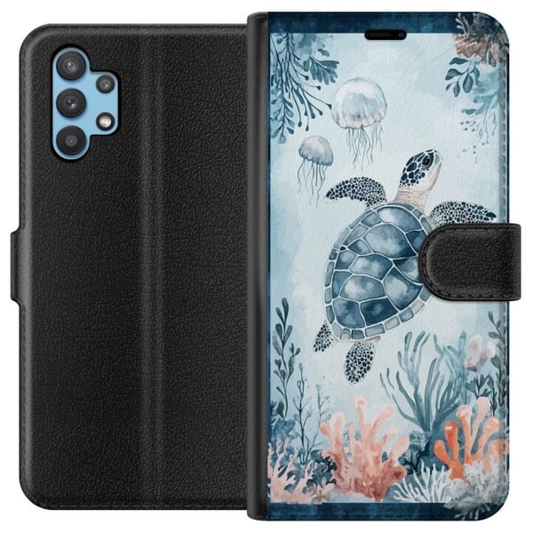 Kompatibelt Plånboksfodral till Samsung Galaxy A32 5G Akvarellsköldpadda i lugnt blått hav bland koraller och svävande maneter Kompatibelt Plånboksfodral till Samsung Galaxy A32 5G Akvarellsköldpadda i lugnt blått hav bland koraller och svävande maneter