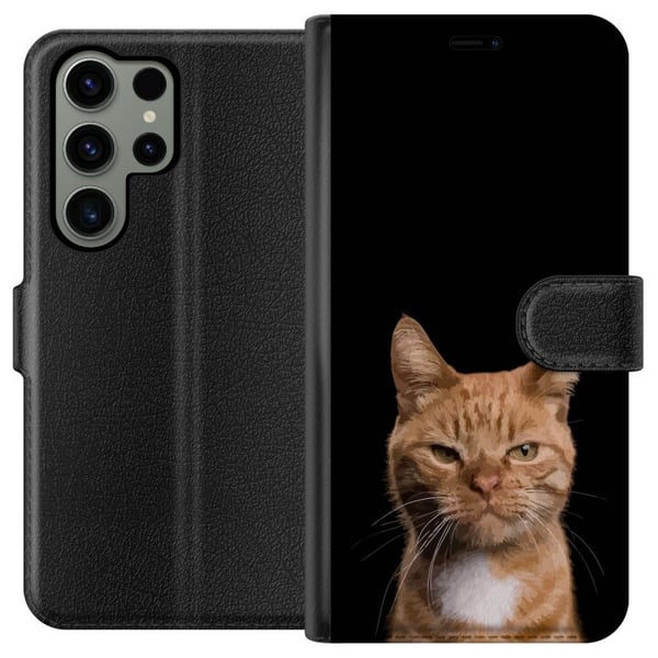 Kompatibel Tegnebogsetui til Samsung Galaxy S23 Ultra Nærbillede af en orange kat mod en sort baggrund med stærk kontrast og et udtryksfuldt blik