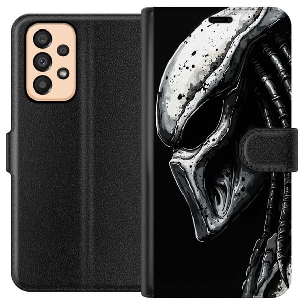 Yhteensopiva Lompakkokotelo Samsung Galaxy A33 5G Draamaattinen kuvitus Predator-naamiosta, jossa on metallisia tekstuureja, varjoja ja yksityiskohti