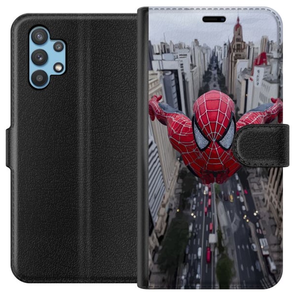 Kompatibelt Plånboksfodral till Samsung Galaxy A32 5G Spiderman över staden Marvel superhero action city skyline swinging dynamic comic hero motiv po Kompatibelt Plånboksfodral till Samsung Galaxy A32 5G Spiderman över staden Marvel superhero action city skyline swinging dynamic comic hero motiv po