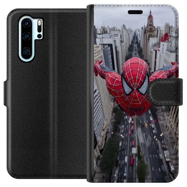 Yhteensopiva Lompakkokotelo Huawei P30 Pro Spiderman kaupungin yllä Marvel-supersankari toiminta kaupunkisiluetti heiluva dynaaminen sarjakuvasankari