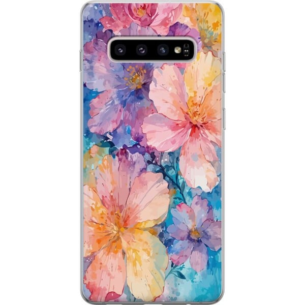 Kompatibelt Mobilskal till Samsung Galaxy S10+ Akvarellmålning med stora blommor i rosa blå och gula toner i mjuk konstnärlig stil