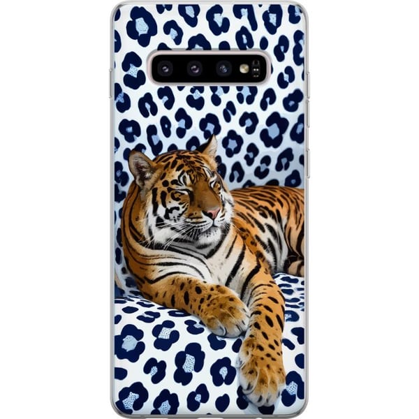 Kompatibelt Mobilskal till Samsung Galaxy S10+ Tiger Chill Pattern motiv med tiger som vilar mot vitblå mönstrad bakgrund i modern design