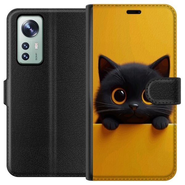 Yhteensopiva Lompakkokotelo Xiaomi 12 Söpö musta kissa, jolla on suuret silmät, keltaisella taustalla – minimalistinen eläinkuvitus lämpimin värein j