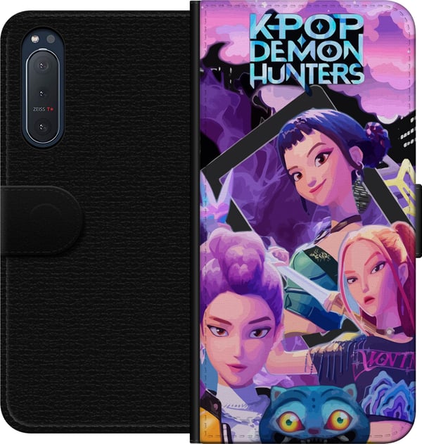 Kompatibel Tegnebogsetui til Sony Xperia 5 II K-Pop Demon Hunters anime-inspireret futuristisk by med tre heltinder og lilla neonlys