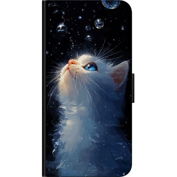 Kompatibelt Lommeboketui til OnePlus 9 Pro Drømmende stjernekatt med en hvit katt som ser mot stjernene, et drømmende og magisk motiv for katteelsker