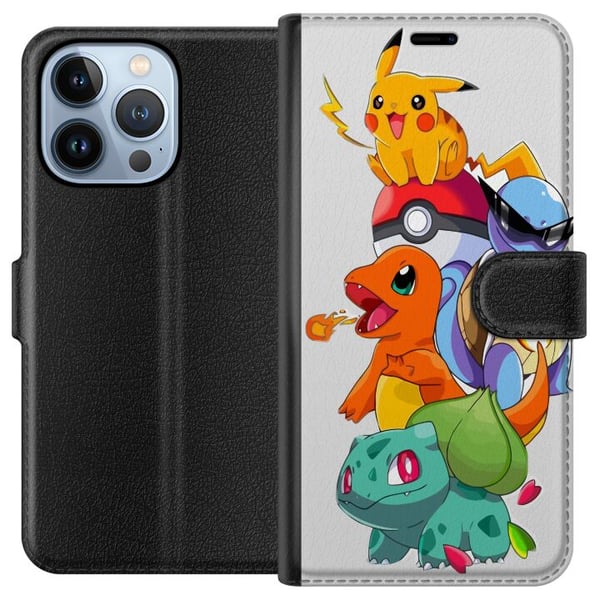 Kompatibelt Plånboksfodral till Apple iPhone 13 Pro Pokémon Pikachu Charmander Squirtle Bulbasaur – färgglad Pokémon stack illustration med fyra popu