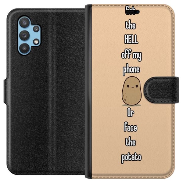 Kompatibelt Plånboksfodral till Samsung Galaxy A32 5G Potatis illustration – Roligt motiv Get off my phone or meet the potato
