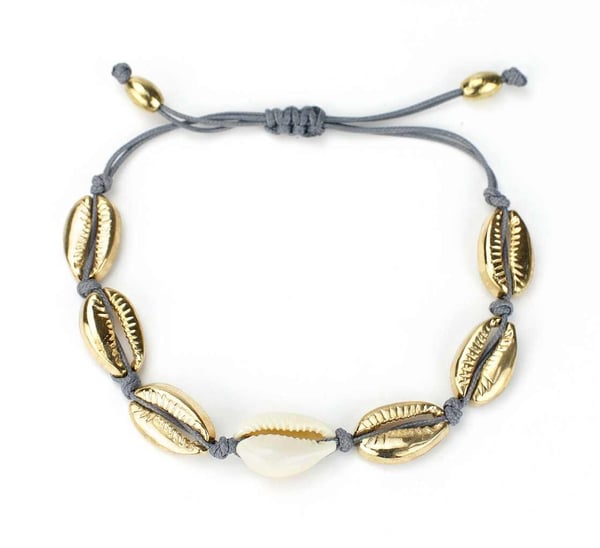 Fotsmycke Fotlänk Vristlänk Fotkedja samt Armband - Snäckor i Guld & Vitt med Grå Tråd