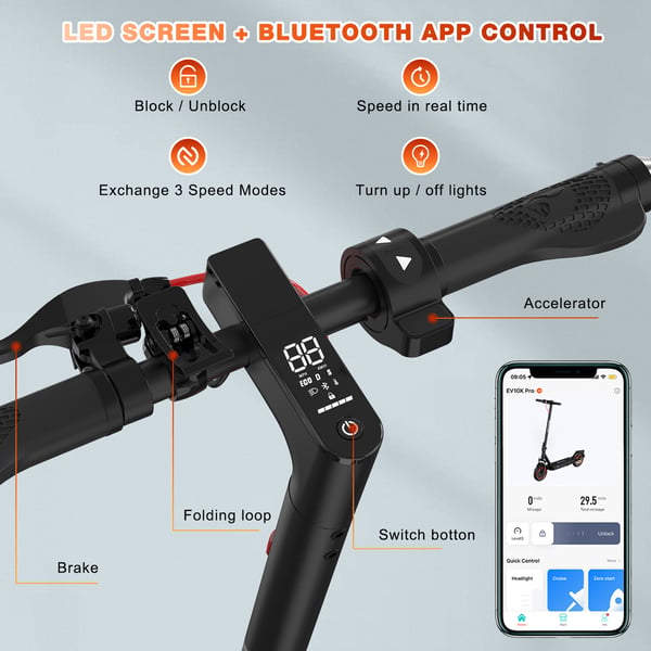 El-scooter för vuxna EVERCROSS TECH 10" Scooter 500W 25KM/H Bluetooth APP kontroll Mobilitetsgåva Svart