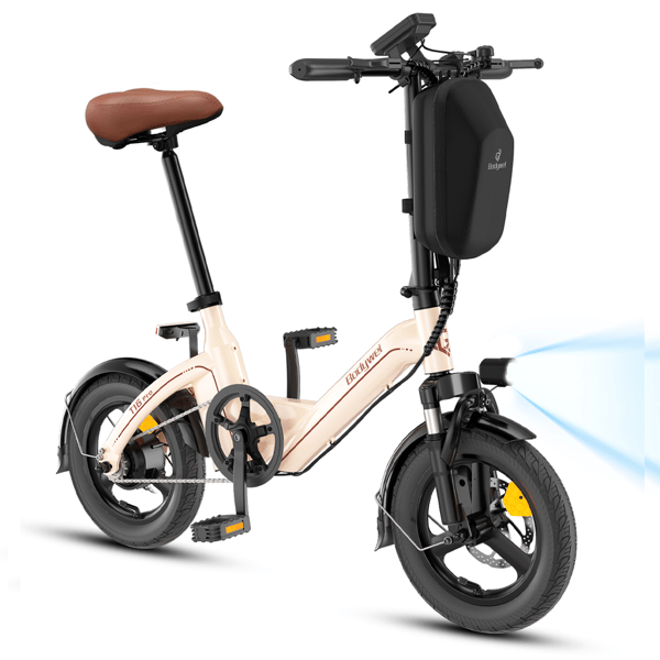 Mini hopfällbar elcykel Bodywel T16 Pro, 14\", 250W 36V 10.4 Ah, för pendling, beige
