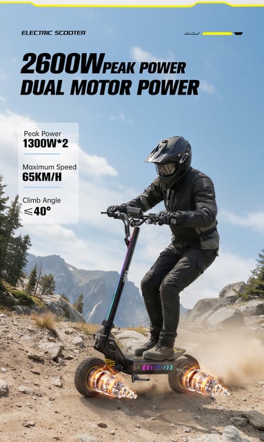 OOTD T10 Pro elektrisk skoter 1300W*2, 52V23.4AH batteri, topphastighet 65km/h, maximal räckvidd 80km, 11 tum offroaddäck, hydrauliska bromsar