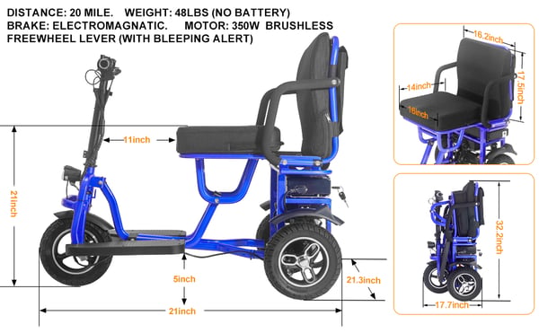 Elektrisk 3-hjulet mobilitetsscooter 350W, 48V 10Ah, automatisk bremse, foldbar, rækkevidde op til 20 miles