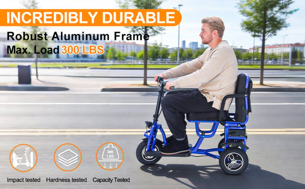 Elektrisk 3-hjulet mobilitetsscooter 350W, 48V 10Ah, automatisk bremse, foldbar, rækkevidde op til 20 miles