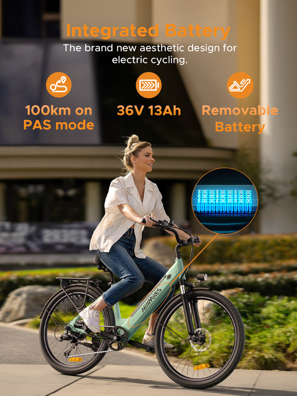 HillMiles MileCity 1 26'' sähköpyörä, matala runko, 250W moottori, 36V 13Ah akku, 7-vaihdetta, 25 km/h, jopa 100 km toimintasäde