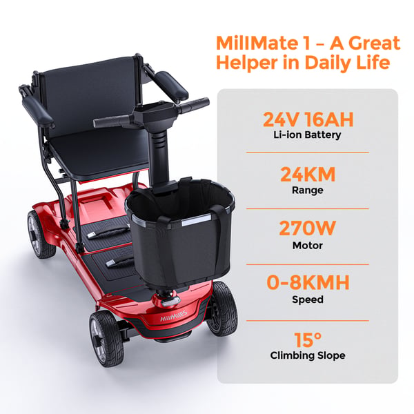 HillMiles MillMate 1 nelipyöräinen sähköpotkulauta, 40 km toimintamatka, irrotettavat 240/240 Wh*2 litiumakut, sopivat senioreille