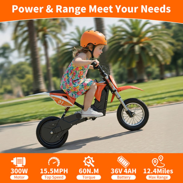 HillMiles MileRocket1 Elektrisk børnemotorcykel 36V 3 hastigheder 25 km/t Orange – 4-10 år, rækkevidde 20 km