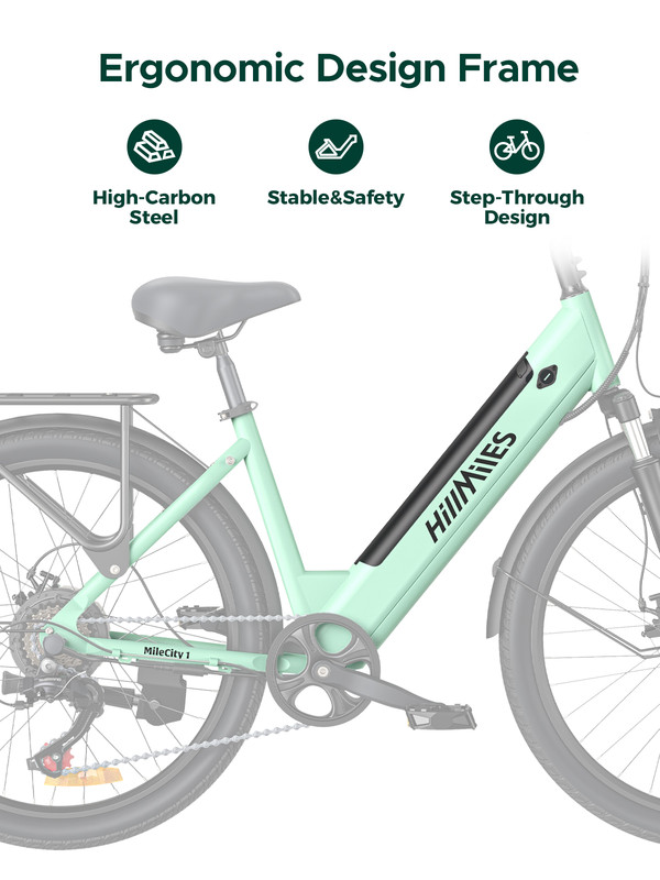 HillMiles MileCity 1 26'' sähköpyörä, matala runko, 250W moottori, 36V 13Ah akku, 7-vaihdetta, 25 km/h, jopa 100 km toimintasäde
