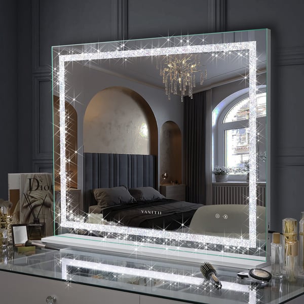 VANITII 100x80cm Hollywood makeupspejl med belysning Bluetooth bordpladevægmontering Metal White